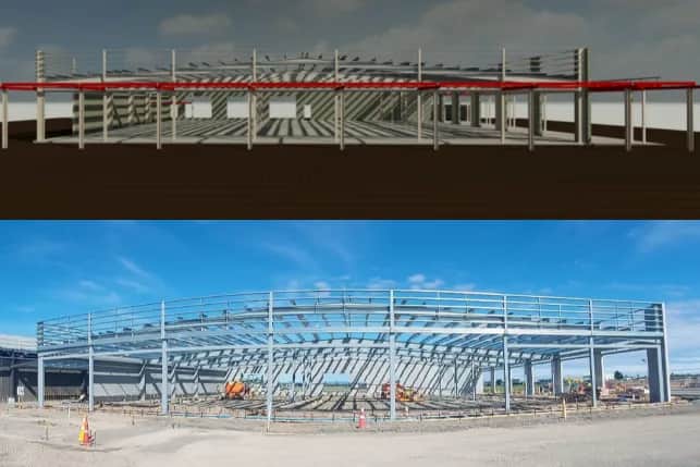 Comparison of a 3D Revit structural model of a retail building's steel portal frame (top) and a photo of the same steel frame being erected on site (bottom).