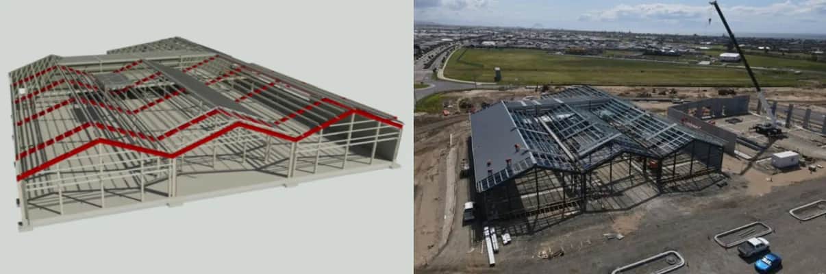 3D structural model of a steel-framed building beside an aerial photo of the same frame under construction, with a crane on site.