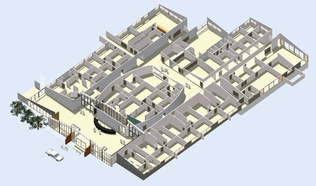 a 3d model of a hospital building layout