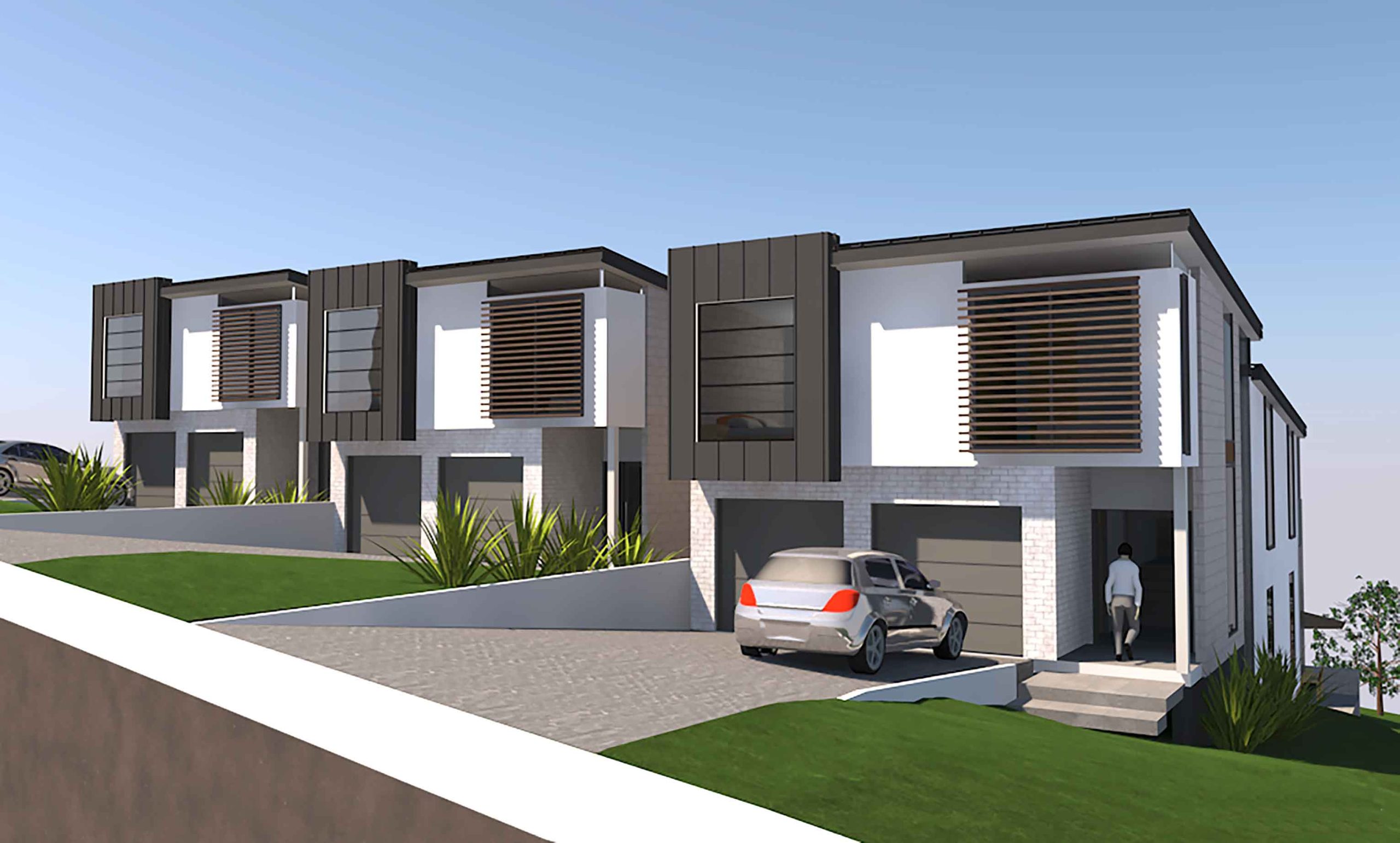 architects render of a row of houses with cars parked in front of them.
